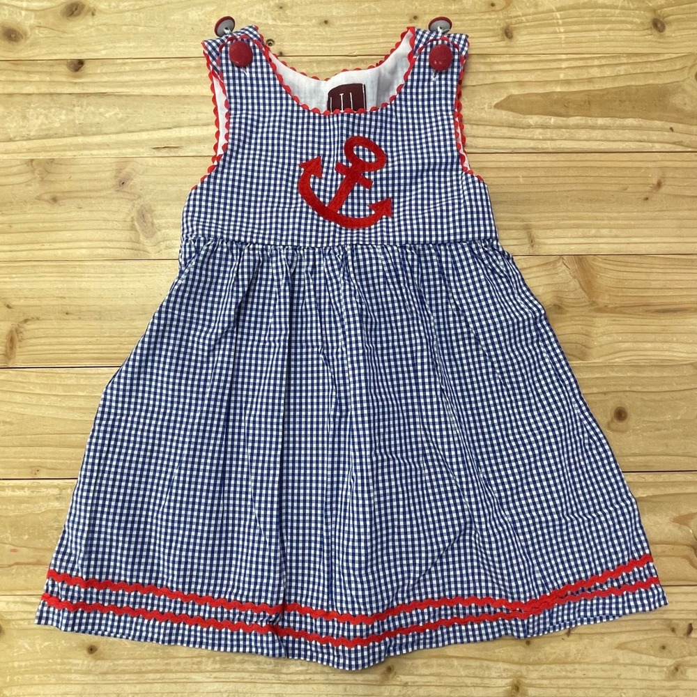 Lil Cactus Girls 3T Blue Gingham Anchor Nautical Ric Rac Dress Sleeveless Cotton